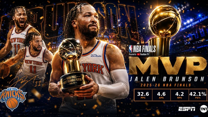 Jalen Brunson holding the 2026 NBA Finals MVP trophy